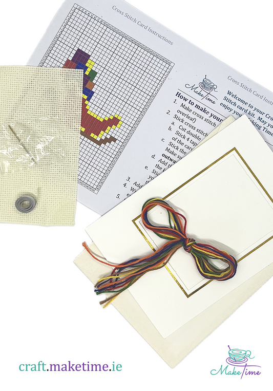 Santas sleigh cross stitch kit, including instructions, thread, fabric and card