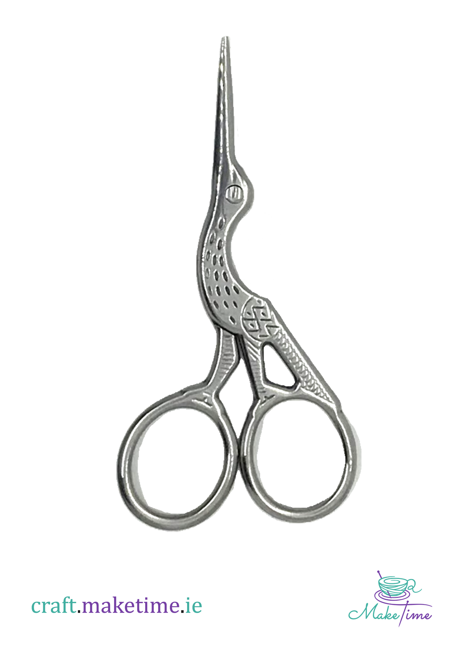 Silver embroidery scissors with stork decoration, on a white background.