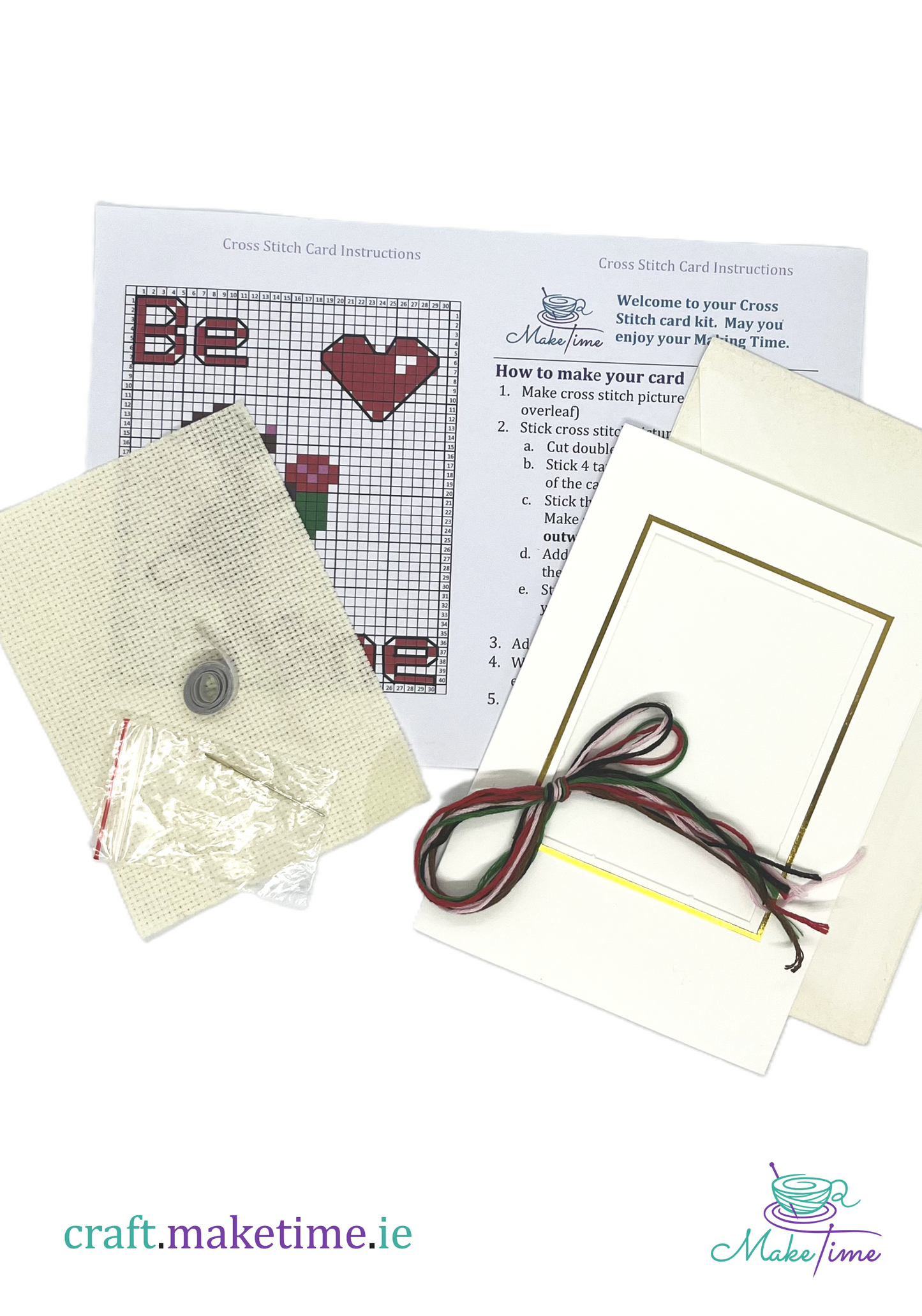 Be Mine cross stitch card kit with instructions, thread, card, needle, fabric