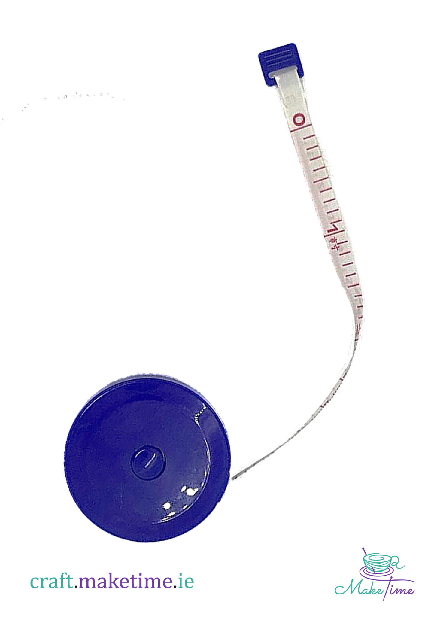 Measuring tape with blue casing on a white background