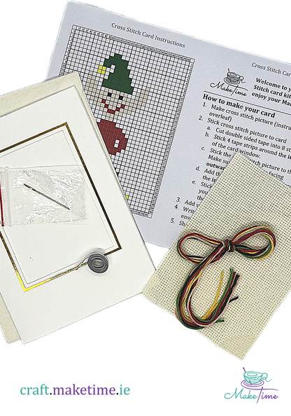 Christmas Elf Cross stitch card kit with pattern, instructions, card, and colorful thread