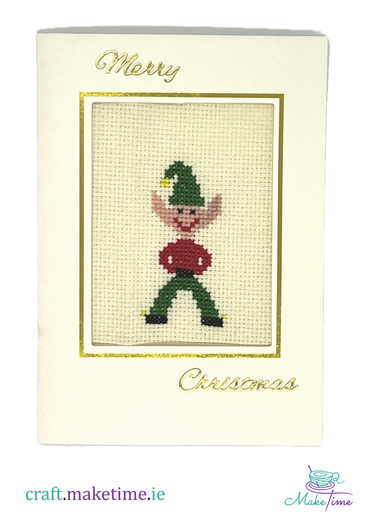 Cross-stitched Christmas elf design on a card with 'Merry Christmas' text.
