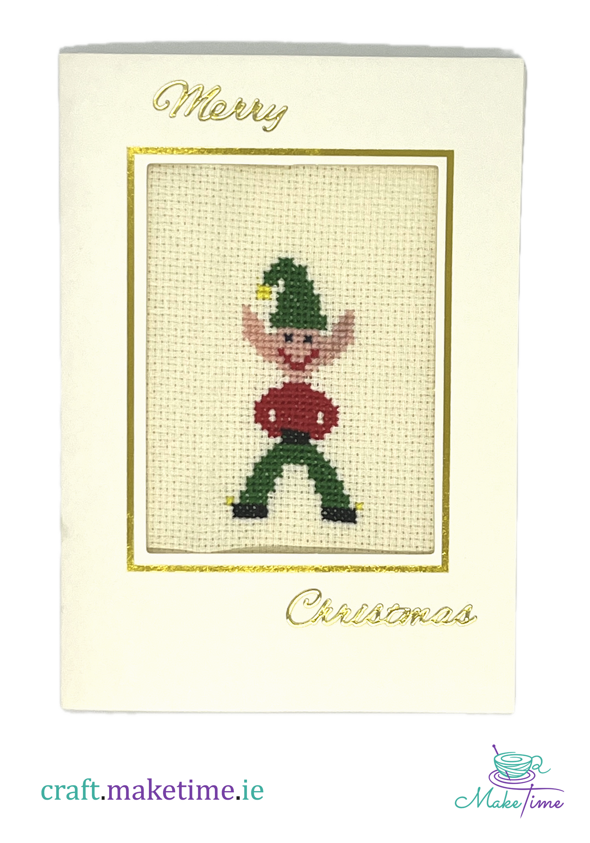 Cross-stitched Christmas elf design on a card with 'Merry Christmas' text.