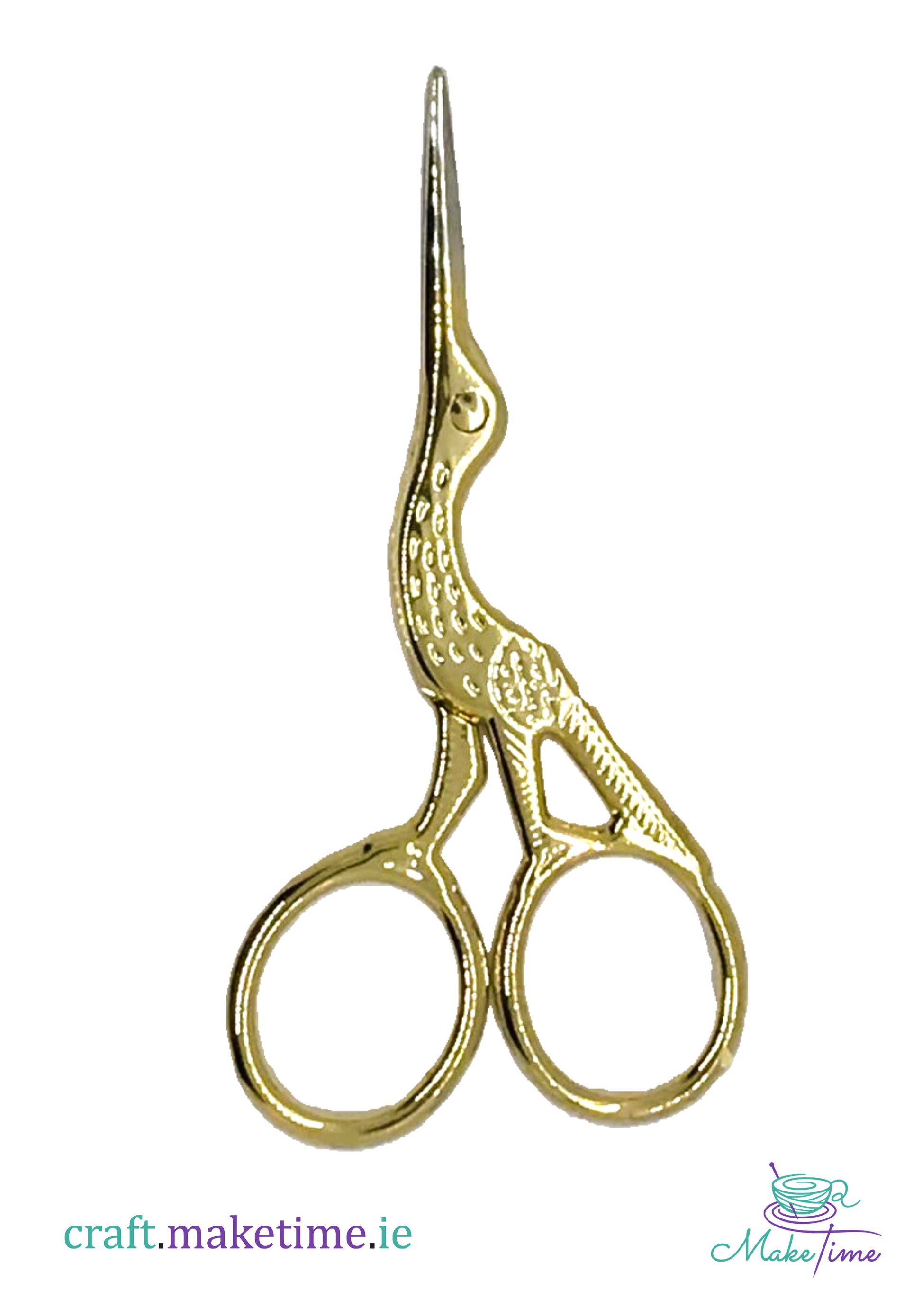 Gold scissors with stork decoration on a white background