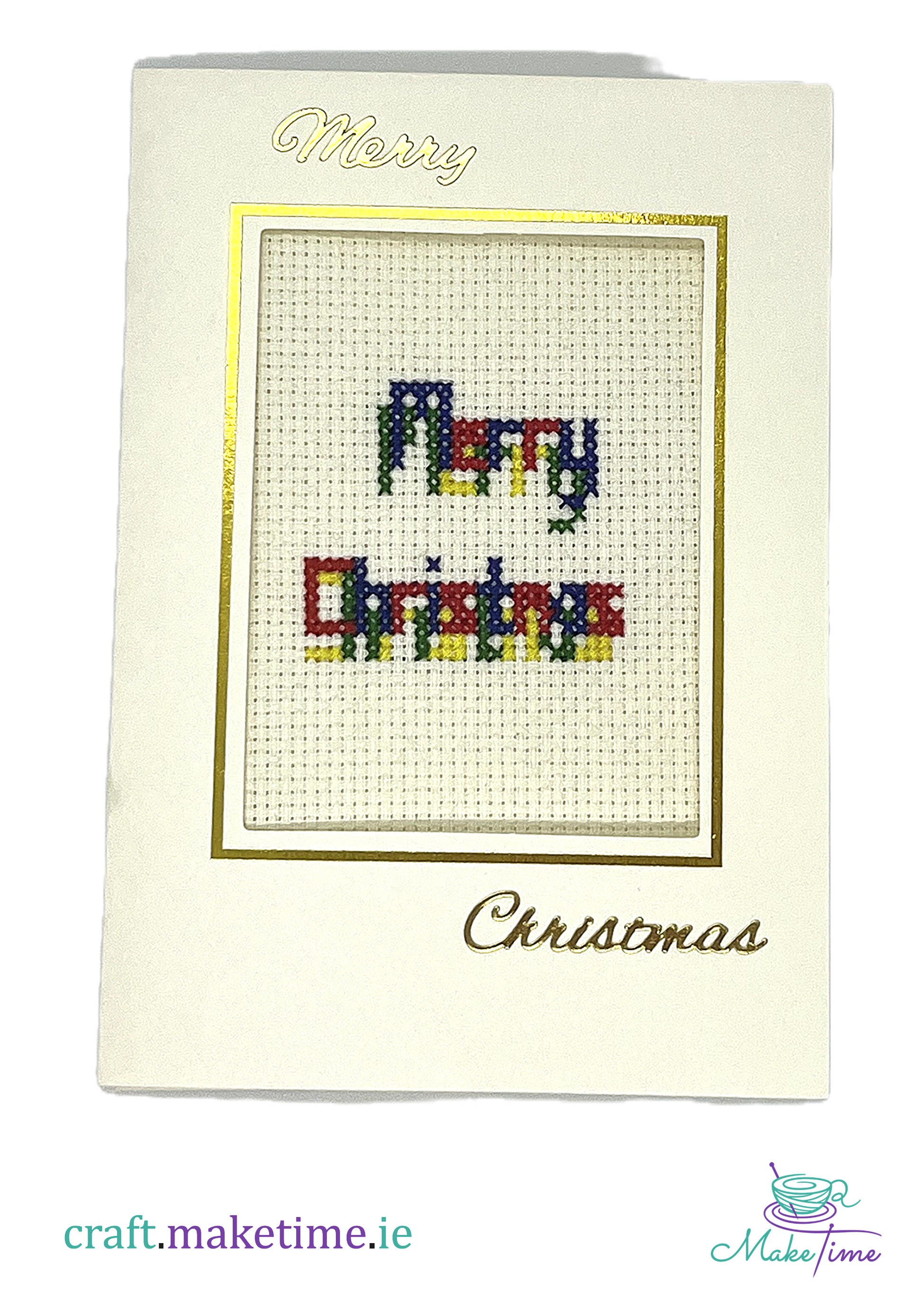 Cross-stitched 'Merry Christmas' card with gold border on a white background