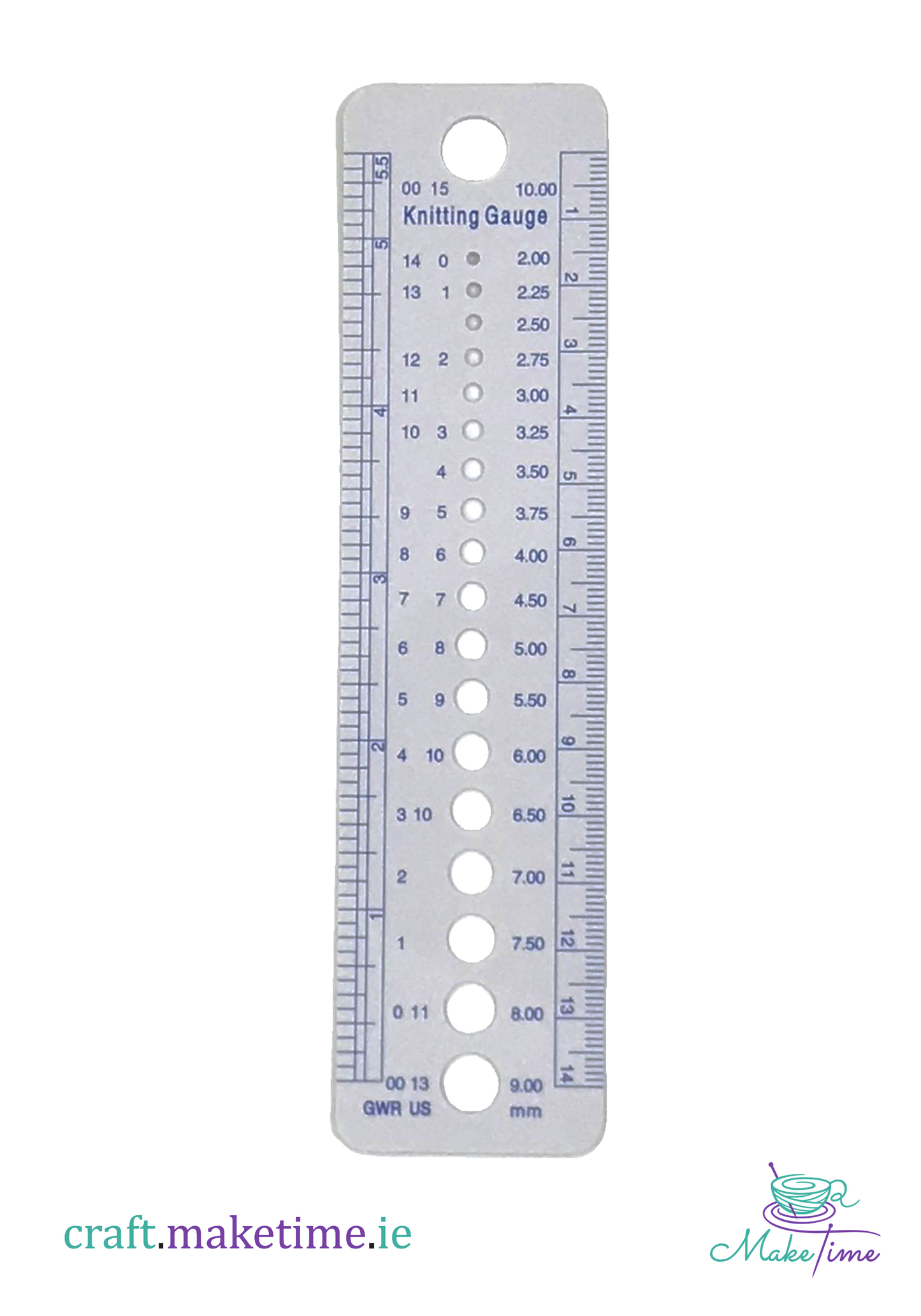 Knitting gauge ruler with measurement scale on a white background