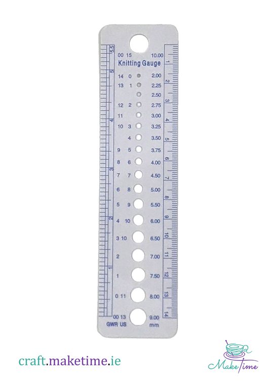 Knitting gauge ruler with measurement scale on a white background