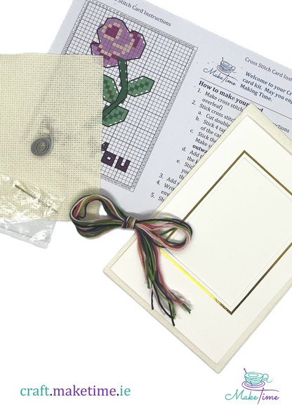 Rose for you cross stitch card kit including instructions, thread, needle, card and fabric
