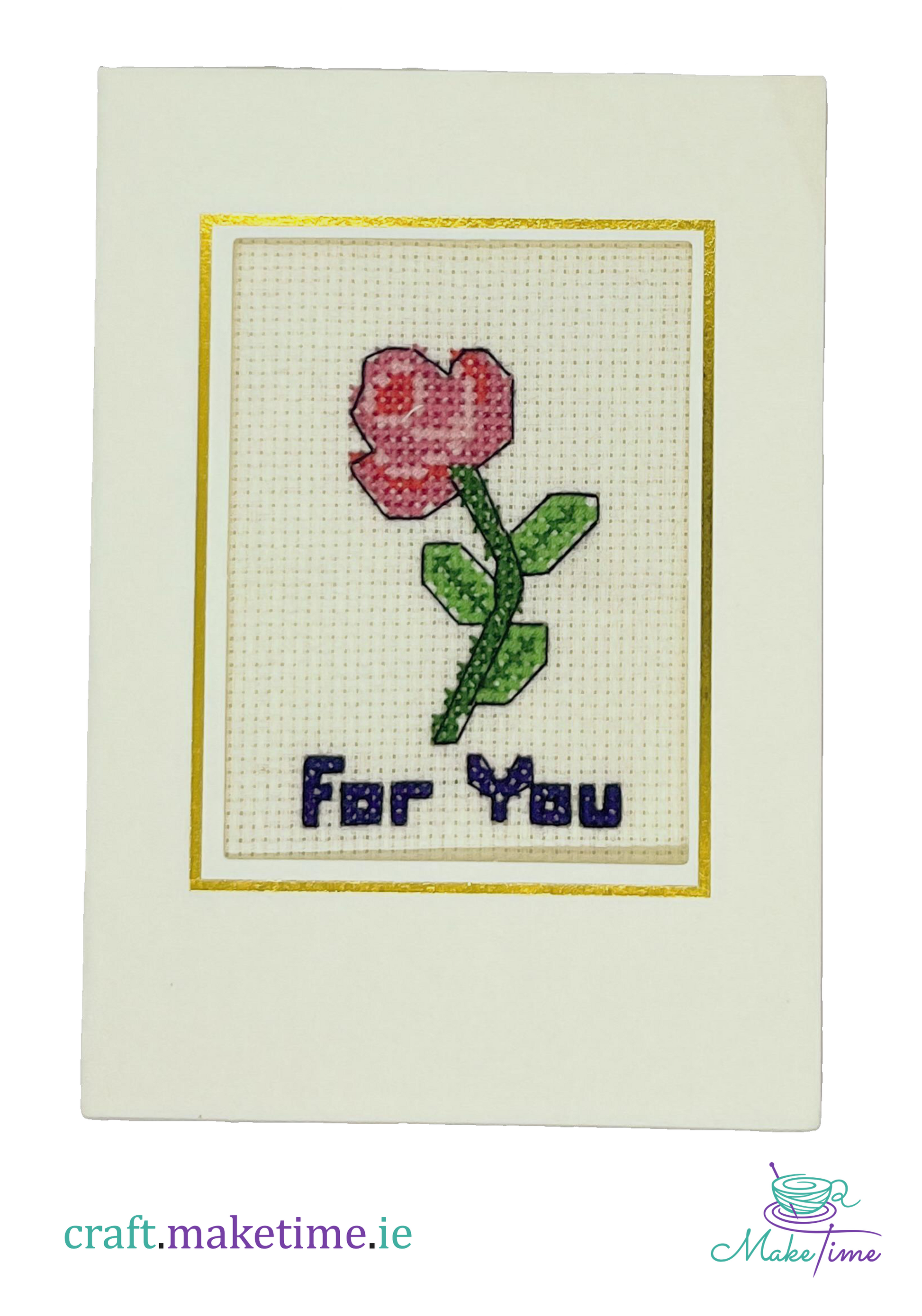 Cross-stitched rose design on a card with 'For You' text.