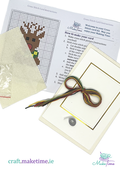 Rudolf the red nosed reindeer Cross stitch card kit with pattern, thread, and instructions 