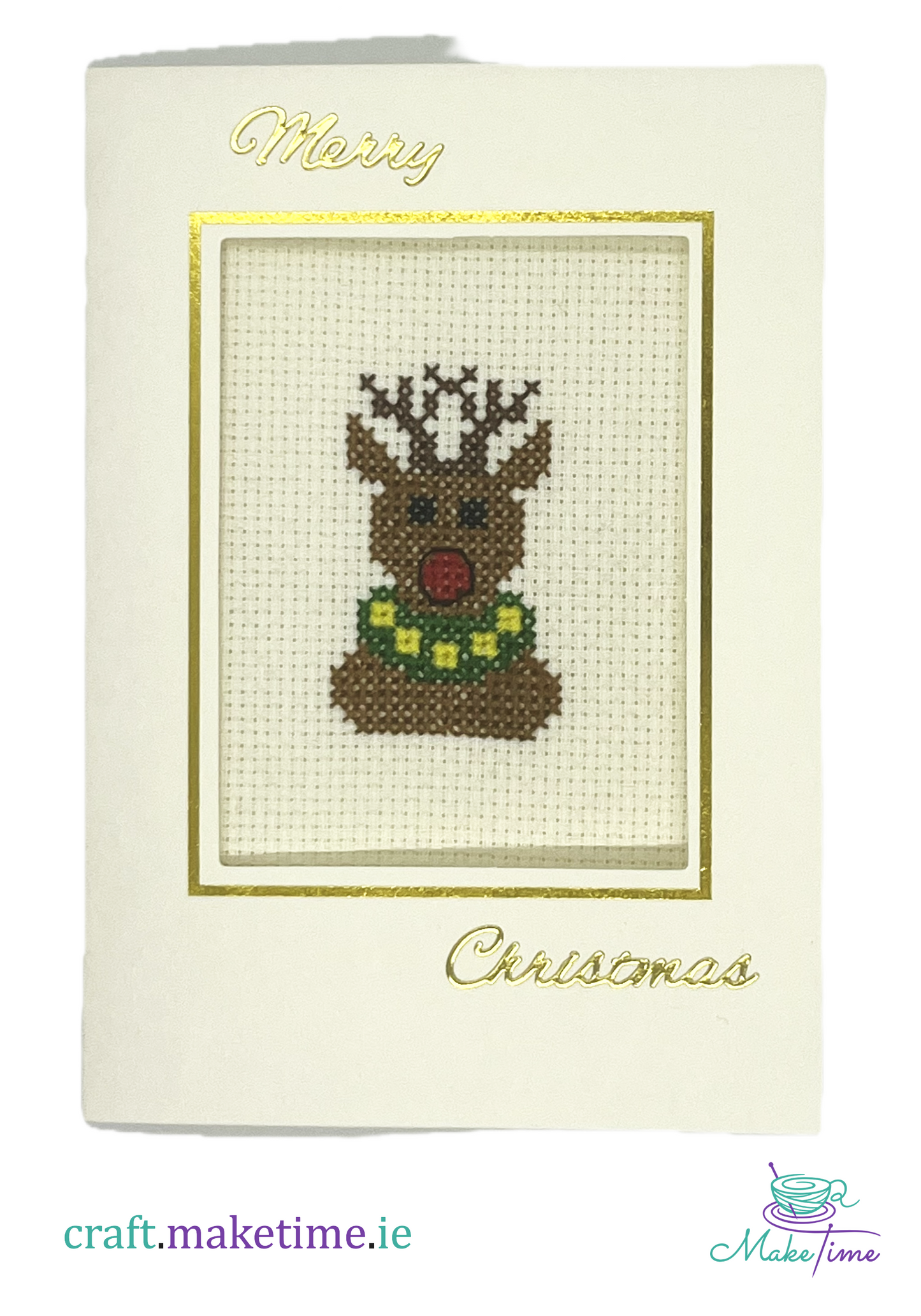 Cross-stitched Rudolf the red nosed reindeer design on a Christmas card with 'Merry Christmas' text.