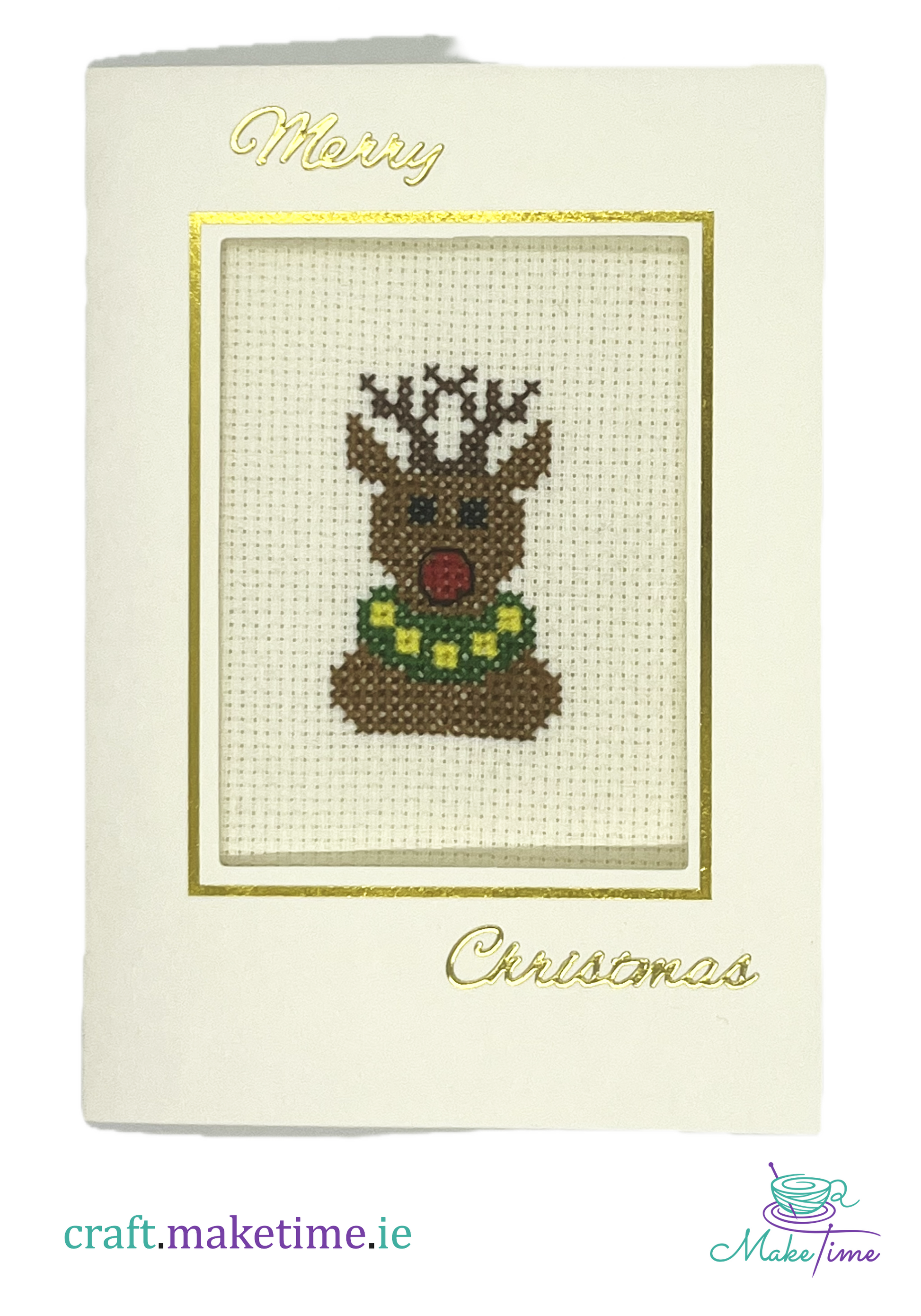 Cross-stitched Rudolf the red nosed reindeer design on a Christmas card with 'Merry Christmas' text.