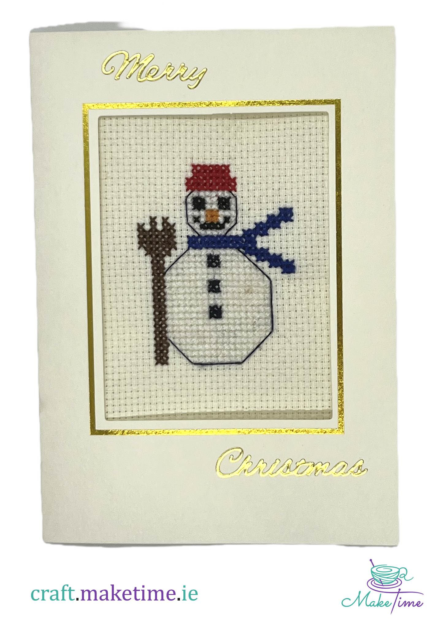 Cross-stitched snowman design on a Christmas card with 'Merry Christmas' text.