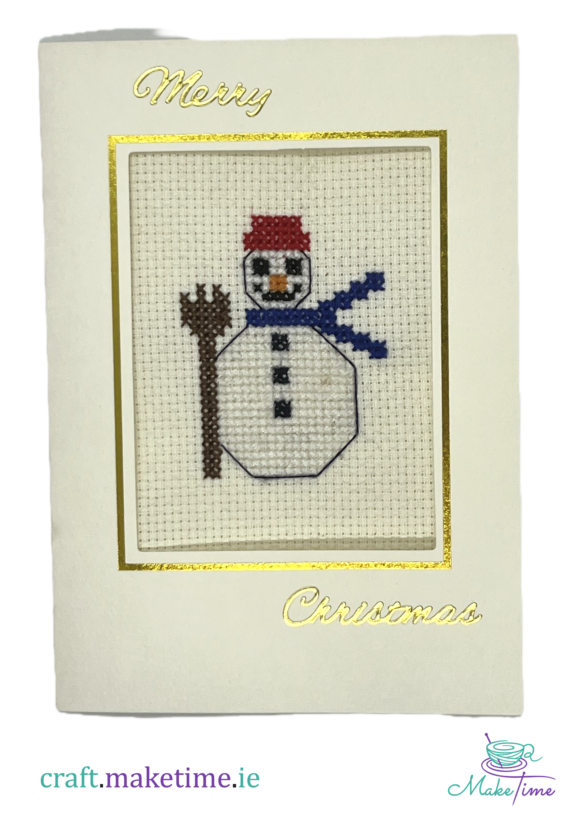 Cross-stitched snowman design on a Christmas card with 'Merry Christmas' text.