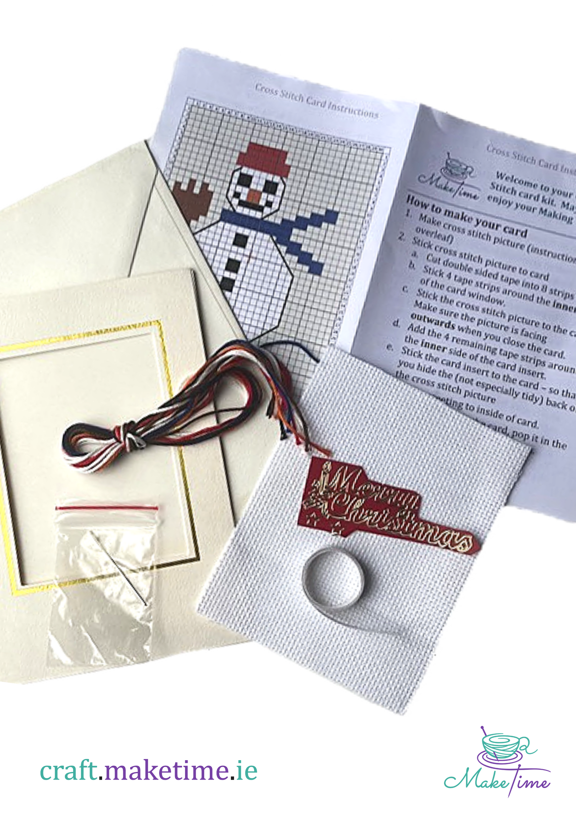Cross-stitch card kit with snow man pattern, instructions, and materials on a white background.